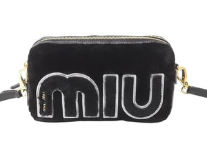 極美品 MIUMIU ミュウミュウ 18-19AW シアリング ロゴ ショルダーバッグ ブラック 黒 ファー 5BH084 ゴールド金具 中古 4b002885