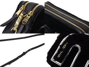 極美品 MIUMIU ミュウミュウ 18-19AW シアリング ロゴ ショルダーバッグ ブラック 黒 ファー 5BH084 ゴールド金具 中古 4b002885