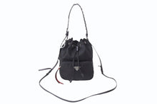 Load image into Gallery viewer, PRADA プラダ スタッズ 巾着 ショルダーバッグ 1BH038 イタリア製 ナイロン レザー ブラック レッド シルバー金具 美品 中古 4b002886