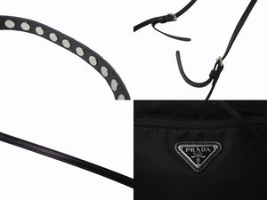 PRADA プラダ スタッズ 巾着 ショルダーバッグ 1BH038 イタリア製 ナイロン レザー ブラック レッド シルバー金具 美品 中古 4b002886