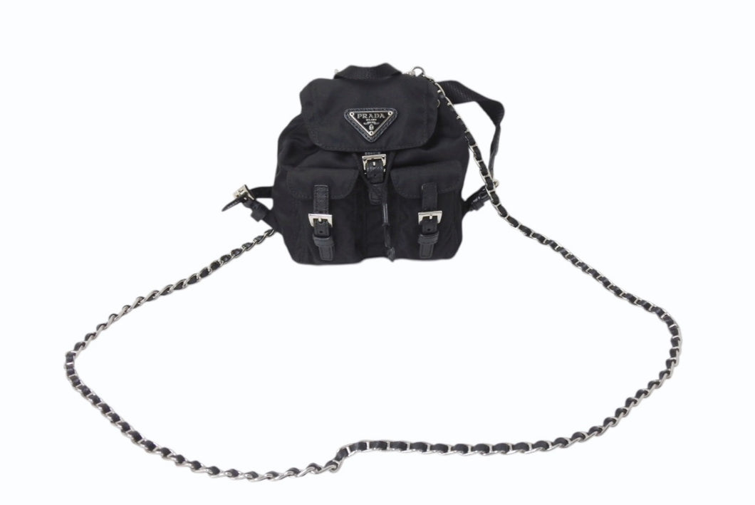 極美品 PRADA プラダ リナイロンミニチェーンショルダーバッグ リュック型 BZ0029 ナイロン レザー ブラック 中古 4b002892