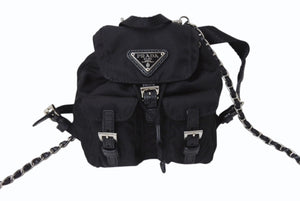 極美品 PRADA プラダ リナイロンミニチェーンショルダーバッグ リュック型 BZ0029 ナイロン レザー ブラック 中古 4b002892