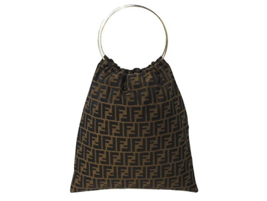 FENDI フェンディ ハンドバッグ 巾着 ヴィンテージ キャンバス カーキ ズッカ柄 メタルハンドル ゴールド金具 美品 中古 4b002899