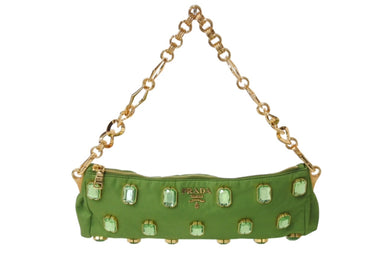 PRADA プラダ TESSUTO PIETRE CLUTCH BAG テスート ビジュー チェーンショルダー クラッチバッグ ナイロン グリーン 美品 中古 4b002907