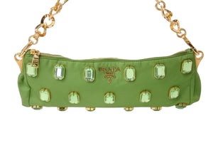 PRADA プラダ TESSUTO PIETRE CLUTCH BAG テスート ビジュー チェーンショルダー クラッチバッグ ナイロン グリーン 美品 中古 4b002907
