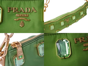 PRADA プラダ TESSUTO PIETRE CLUTCH BAG テスート ビジュー チェーンショルダー クラッチバッグ ナイロン グリーン 美品 中古 4b002907