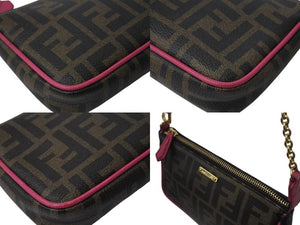 極美品 FENDI フェンディ アクセサリーポーチ ショルダーバッグ ズッカ 8M0271 ブラウン ピンク ゴールド金具 中古 4b002918