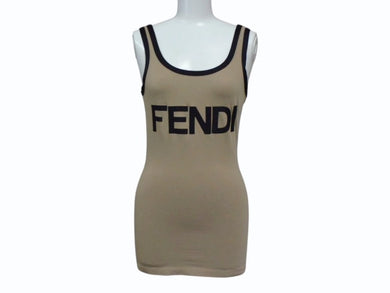 FENDI フェンディ タンクトップ ノースリーブ サイズ40 ロゴプリント コットン スパンデックス ベージュ ブラック 美品 中古 4b002930