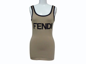 FENDI フェンディ タンクトップ ノースリーブ サイズ40 ロゴプリント コットン スパンデックス ベージュ ブラック 美品 中古 4b002930