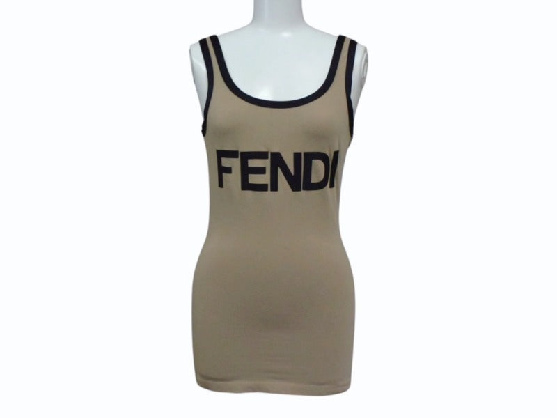 FENDI フェンディ タンクトップ ノースリーブ サイズ40 ロゴプリント コットン スパンデックス ベージュ ブラック 美品 中古 4b002930