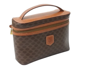 CELINE セリーヌ マカダム柄 ハンドバッグ バニティバック 化粧ポーチ ブラウン ゴールド金具 M94 美品 中古 4b002974