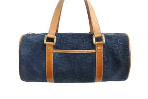 CELINE セリーヌ ハンドバッグ Cマカダム ロゴ金具 筒型 CE00/12 レザー スエード ネイビー ブラウン ゴールド金具 美品 中古 4b002977