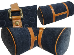 CELINE セリーヌ ハンドバッグ Cマカダム ロゴ金具 筒型 CE00/12 レザー スエード ネイビー ブラウン ゴールド金具 美品 中古 4b002977