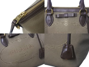 PRADA プラダ ロゴ ジャガード トートバッグ ハンドバッグ 1BA104 トライアングル カーキベージュ ブラック 美品 ロゴ 中古 4b002984 