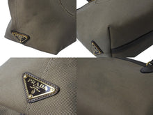 画像をギャラリービューアに読み込む, PRADA プラダ ロゴ ジャガード トートバッグ ハンドバッグ 1BA104 トライアングル カーキベージュ ブラック 美品 ロゴ 中古 4b002984 