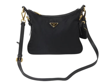 PRADA プラダ ショルダーバッグ トライアングルロゴ ナイロン レザー ブラック ゴールド金具 美品 中古 4b002985