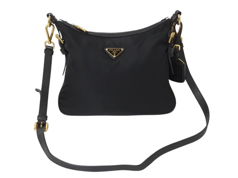 PRADA プラダ ショルダーバッグ トライアングルロゴ ナイロン レザー ブラック ゴールド金具 美品 中古 4b002985