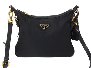 PRADA プラダ ショルダーバッグ トライアングルロゴ ナイロン レザー ブラック ゴールド金具 美品 中古 4b002985