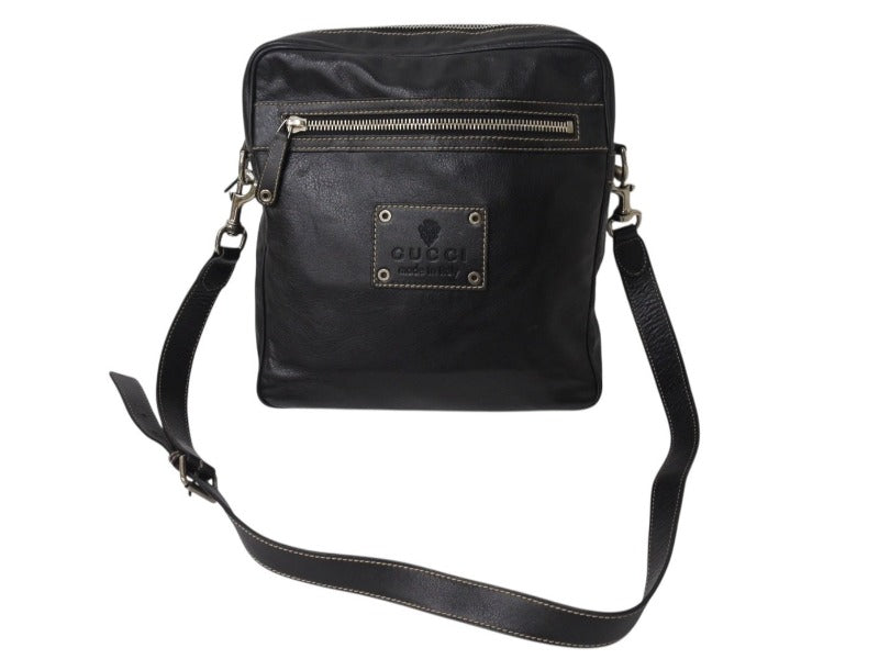 GUCCI グッチ ショルダーバッグ メッセンジャーバッグ クレスト 201451 レザー ブラック シルバー金具 美品 中古 4b002995
