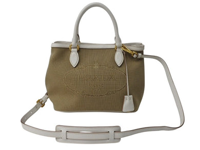 極美品 PRADA プラダ ハンドバッグ ショルダーバッグ 2way 1BA172 キャンバス レザー ホワイト ベージュ ゴールド金具 中古 4b002997