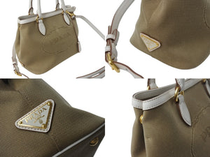 極美品 PRADA プラダ ハンドバッグ ショルダーバッグ 2way 1BA172 キャンバス レザー ホワイト ベージュ ゴールド金具 中古 4b002997