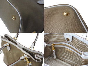 極美品 PRADA プラダ ハンドバッグ ショルダーバッグ 2way 1BA172 キャンバス レザー ホワイト ベージュ ゴールド金具 中古 4b002997