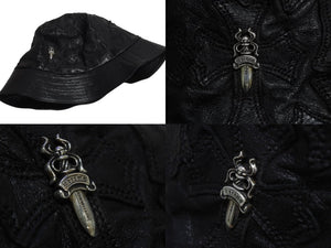 CHROME HEARTS クロムハーツ U-CHUM-LTHR セメタリークロスパッチ レザーバケットハット サイズM ダガー 美品 中古 4b003162