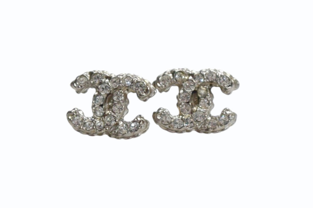 極美品 CHANEL シャネル ココマーク ピアス 両耳 アクセサリー A12A刻印 メタル ラインストーン シルバー 2.5g 中古 4b003207