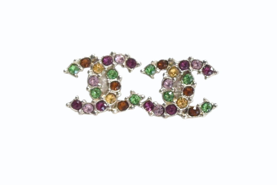 極美品 CHANEL シャネル ココマーク ピアス 重量約3.2g A17K刻印 シルバー マルチカラー ラインストーン メタル 両耳用 中古 4b003226