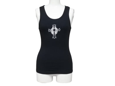 極美品 CHROME HEARTS クロムハーツ タンクトップ サイズM オールドクロス CHクロス アーチ FUCK YOU プリント ブラック 中古 4b003228 
