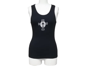 極美品 CHROME HEARTS クロムハーツ タンクトップ サイズM オールドクロス CHクロス アーチ FUCK YOU プリント ブラック 中古 4b003228 