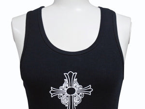 極美品 CHROME HEARTS クロムハーツ タンクトップ サイズM オールドクロス CHクロス アーチ FUCK YOU プリント ブラック 中古 4b003228 