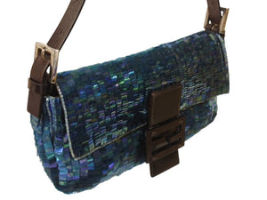 FENDI フェンディ マンマバケット ワンショルダーバッグ 26424 スパンコール ビーズ ブルー シルバー金具 美品 中古 4b003243