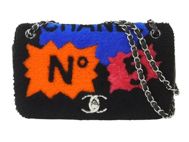 極美品 CHANEL シャネル アクト2 フルフラップ Wチェーンショルダーバッグ 20番台 ココマーク レザー ファー ブラック シルバー金具 中古 4b003249