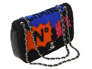 極美品 CHANEL シャネル アクト2 フルフラップ Wチェーンショルダーバッグ 20番台 ココマーク レザー ファー ブラック シルバー金具 中古 4b003249