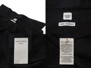 極美品 HERMES エルメス 総柄シルクシャツ 4E0603DC フランス製 シルク ブラック シルバー金具 サイズ36 中古 4b003290
