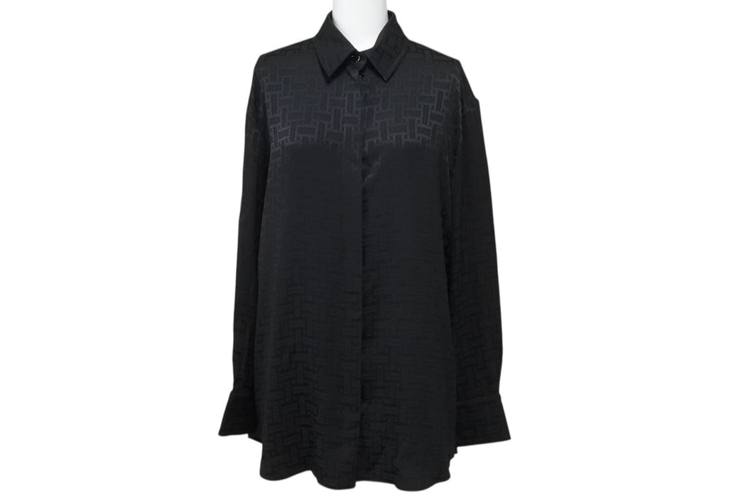 極美品 HERMES エルメス 総柄シルクシャツ 4E0603DC フランス製 シルク ブラック シルバー金具 サイズ36 中古 4b003290
