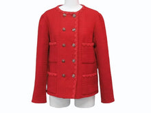 Load image into Gallery viewer, 極美品 CHANEL シャネル ノーカラー ツイードジャケット P77692V60404 サイズ36 ウール ラインストーン レッド 中古 4b003296