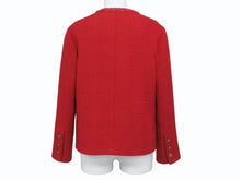 Load image into Gallery viewer, 極美品 CHANEL シャネル ノーカラー ツイードジャケット P77692V60404 サイズ36 ウール ラインストーン レッド 中古 4b003296