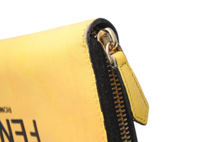 FENDI フェンディ ラウンドファスナー 長財布 ロゴ 7M0210 レザー ブラック イエロー ゴールド金具 美品 中古 4b003305 