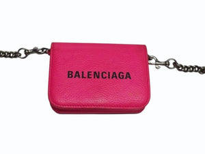 BALENCIAGA バレンシアガ チェーンミニウォレット 三つ折り財布 ショルダー レザー ピンク シルバー金具 美品 中古 4b003306