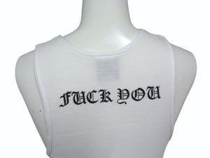 極美品 CHROME HEARTS クロムハーツ タンクトップ サイズM CHクロス ホースシュー NEW YORK FUCK YOU ホワイト 中古 4b003346