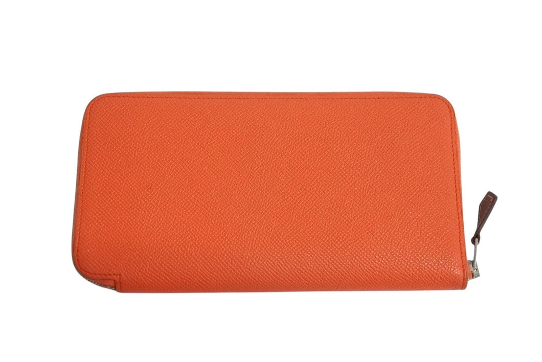 HERMES エルメス アザップロングシルクインヴキー 長財布 A刻印 レザー シルク フランス製 オレンジ シルバー金具 美品 中古 4b003391