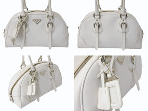 PRADA プラダ ハンドバッグ トライアングル ロゴ バッグ ホワイト サフィアーノレザー シルバー金具 美品 中古 4b003396