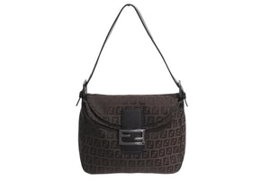FENDI フェンディ マンマバケット ワンショルダーバッグ ズッカ柄 キャンバス レザー ブラウン ブラックメタル金具 美品 中古 4b003401