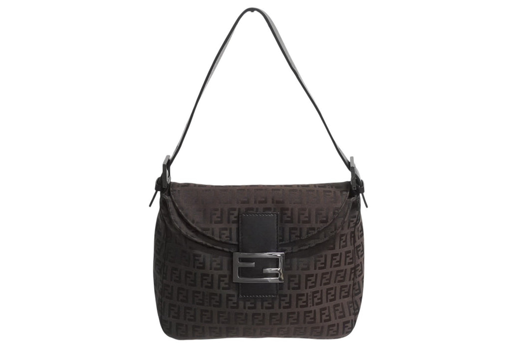 FENDI フェンディ マンマバケット ワンショルダーバッグ ズッカ柄 キャンバス レザー ブラウン ブラックメタル金具 美品 中古 4b003401
