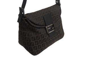 FENDI フェンディ マンマバケット ワンショルダーバッグ ズッカ柄 キャンバス レザー ブラウン ブラックメタル金具 美品 中古 4b003401