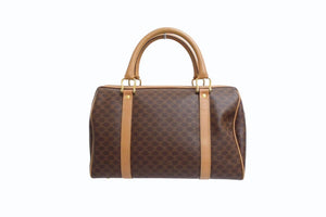 CELINE セリーヌ マカダム柄 ハンドバッグ ベージュ ブラウン PVC レザー ミニボストン ロゴ 鞄 ゴールド金具 美品 中古 4b003405