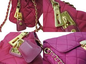 PRADA プラダ キルティング チェーンショルダーバッグ 斜め掛けバッグ ナイロン ピンク ゴールド金具 美品 中古 4b003419