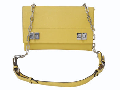 PRADA プラダ チェーンショルダーバッグ サフィアーノレザー ターンロック イエロー ロゴ金具 シルバー金具 美品 中古 4b003420